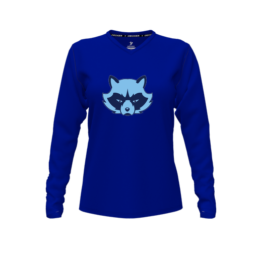 [CUS-DFW-TEES-CMF-VNK-LSL-RYL-FYXS-LOGO1] Decker Comfort T-Shirt (Female Youth XS, Royal, V Neck, Logo 1, Long Sleeve)