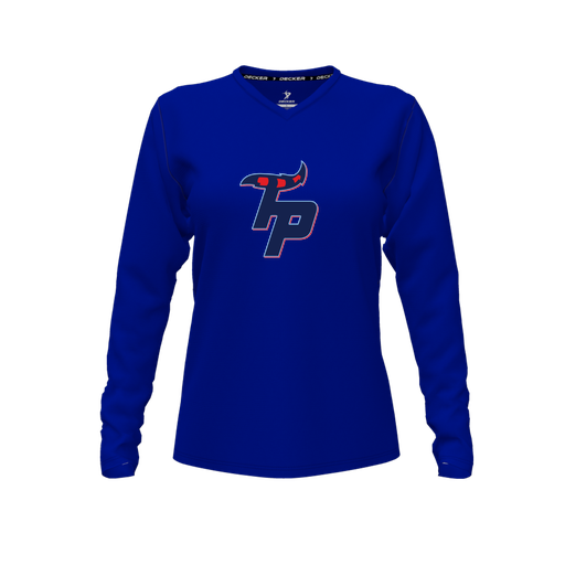 [CUS-DFW-TEES-CMF-VNK-LSL-RYL-FYXS-LOGO3] Decker Comfort T-Shirt (Female Youth XS, Royal, V Neck, Logo 3, Long Sleeve)