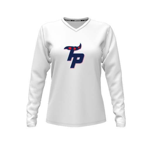[CUS-DFW-TEES-PER-VNK-LSL-WHT-FYXS-LOGO3] Decker Performance T-Shirt (Female Youth XS, White, V Neck, Logo 3, Long Sleeve)