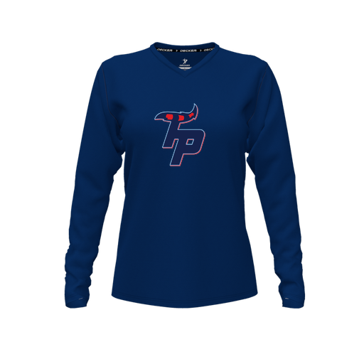 [CUS-DFW-TEES-PER-VNK-LSL-NVY-FYXS-LOGO3] Decker Performance T-Shirt (Female Youth XS, Navy, V Neck, Logo 3, Long Sleeve)