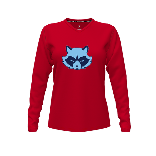 [CUS-DFW-TEES-PER-VNK-LSL-RED-FYXS-LOGO1] Performance T-Shirt (Female Youth XS, Red, V Neck, Logo 1, Long Sleeve)