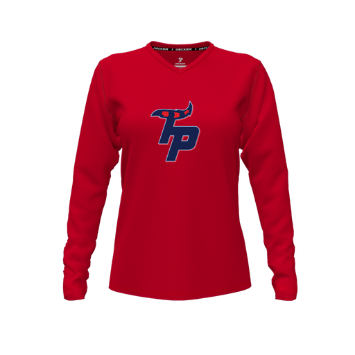 [CUS-DFW-TEES-PER-VNK-LSL-RED-FYXS-LOGO3] Decker Performance T-Shirt (Female Youth XS, Red, V Neck, Logo 3, Long Sleeve)